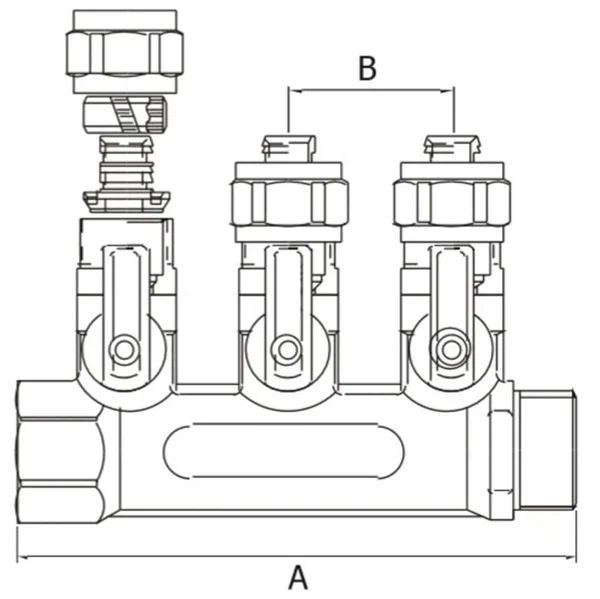 Коллектор распределительный 3/4", 2 отвода 16 для металлопластиковых труб с шаровым краном TIM 200-3/4(2)